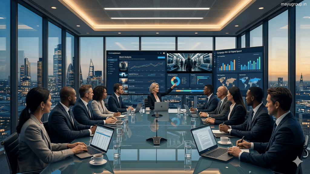 Business executives discussing media investment strategy in a modern boardroom with digital screens showing streaming, advertising, and film content.