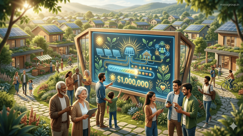 Community members using digital devices to support a solar energy crowdfunding project in a sustainable neighborhood with solar rooftops and green surroundings. Green Crowdfunding.