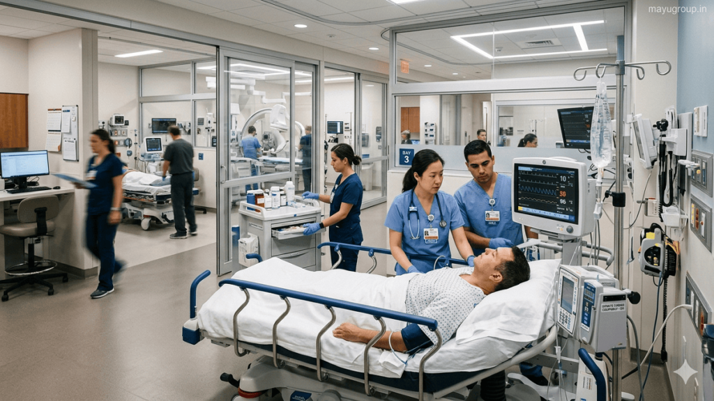 Healthcare professionals in a modern hospital and rural mobile clinic supported by healthcare grants improving patient care and access.
