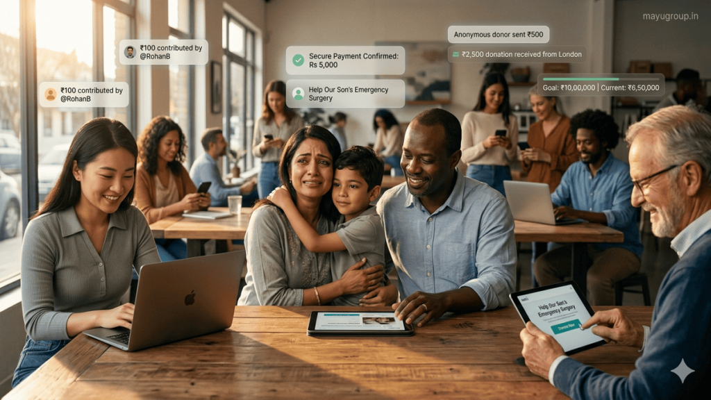 People contributing to an online donation crowdfunding campaign using digital devices to support a medical and community fundraising initiative.