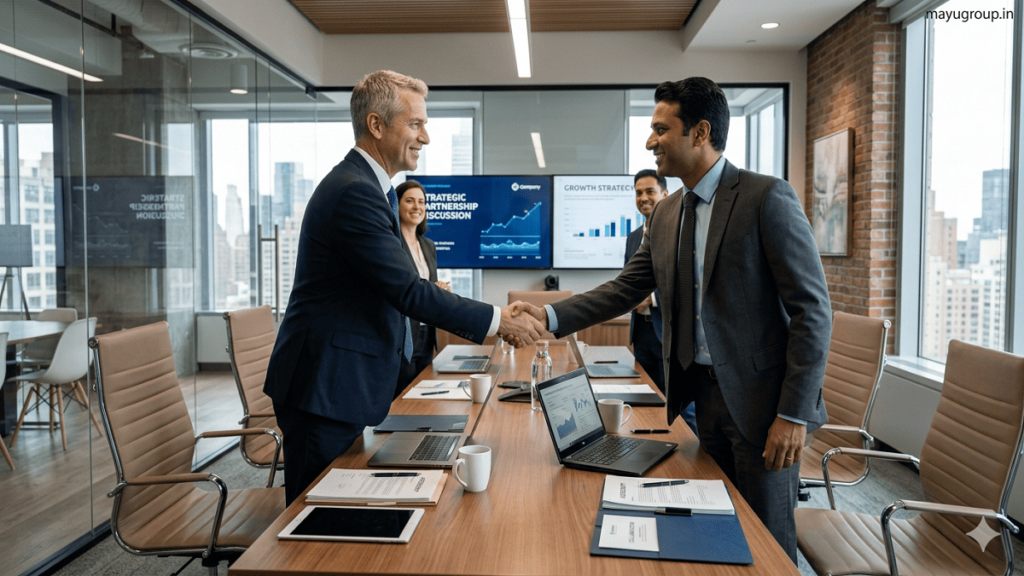 Business professionals participating in a corporate matchmaking meeting to establish strategic partnerships and business collaborations in a modern office environment.