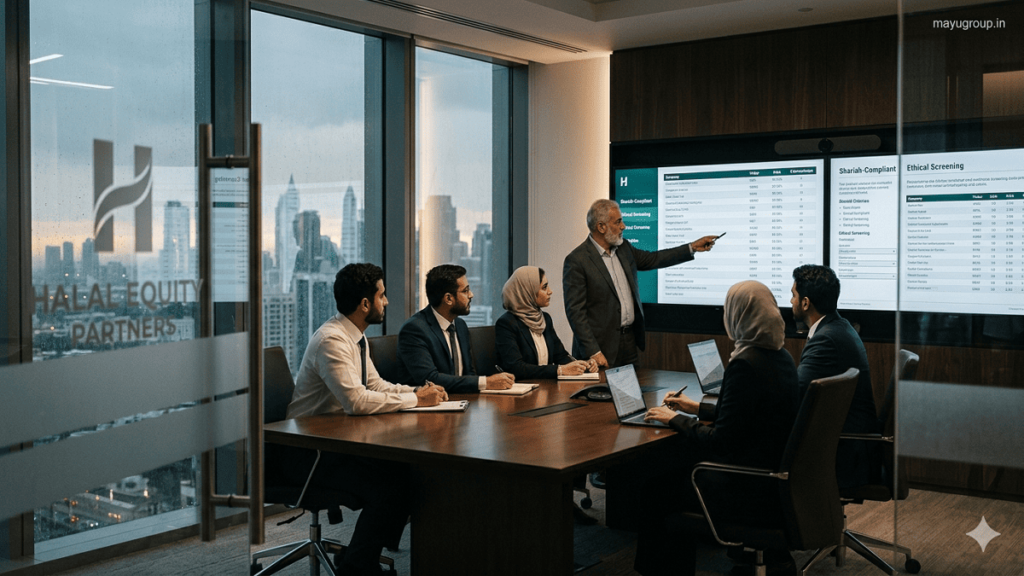 Halal Equity Funds . A cinematic corporate boardroom showing professionals analyzing halal equity fund portfolios on digital screens in a modern glass office with a city skyline background.