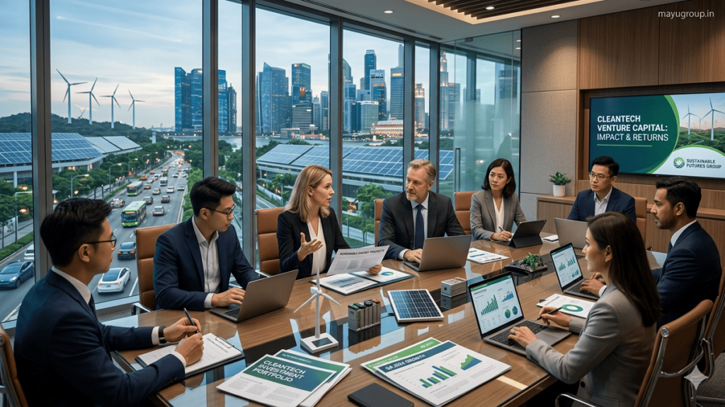 Business executives and investors discussing CleanTech funding in a modern boardroom overlooking a city powered by renewable energy, with solar panels, wind turbines, and electric vehicles visible in the background.