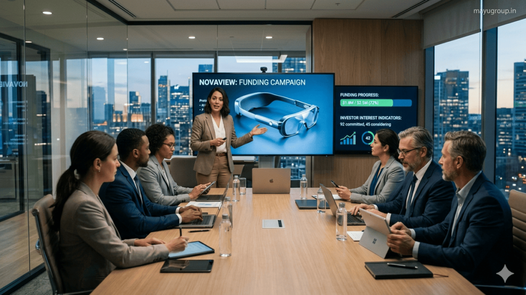 Startup entrepreneur presenting a product campaign funding pitch to investors in a modern office with digital screens showing funding progress and prototype.