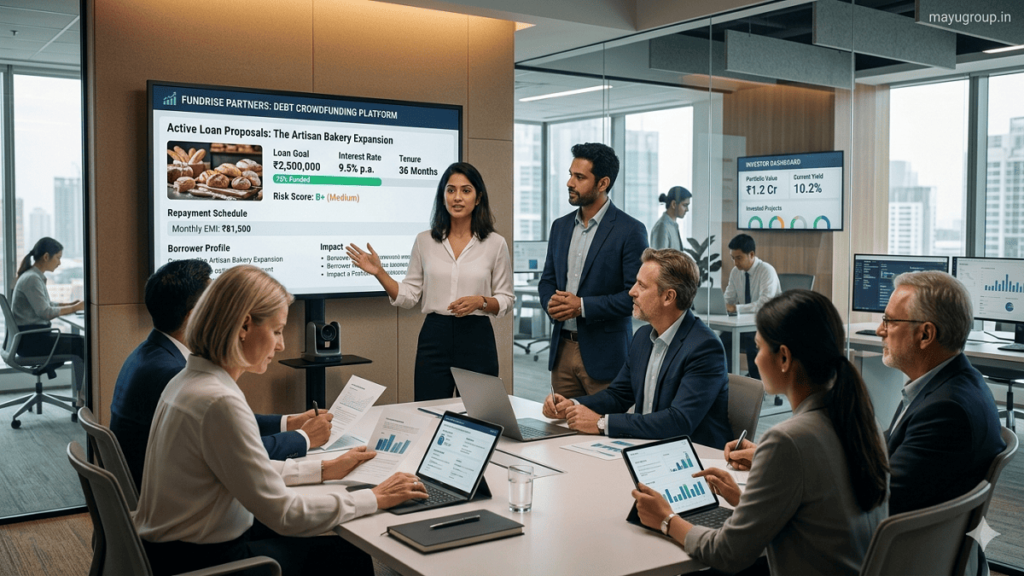 Small business owners present loan proposals to investors on a digital debt crowdfunding platform in a modern fintech environment.