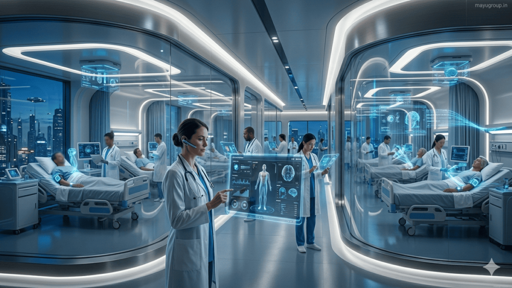 Digital Health Funding. A futuristic smart hospital where doctors use holographic dashboards and AI systems to monitor patients and manage digital healthcare technology.