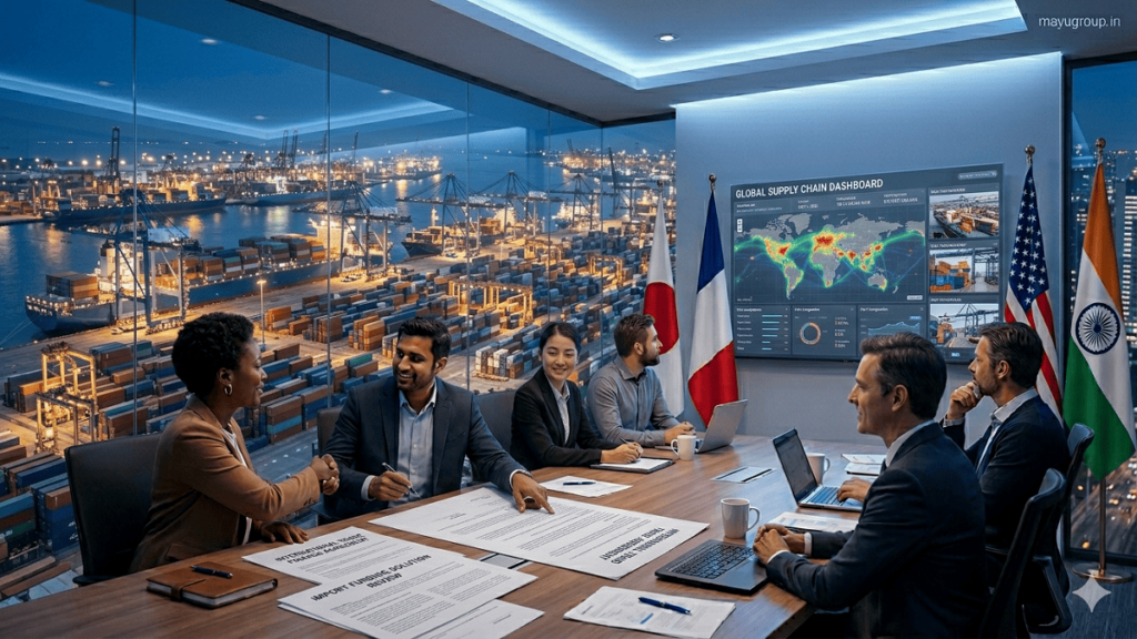 Business professionals discussing import financing in a modern office with cargo ships, shipping containers, and international logistics operations in the background.