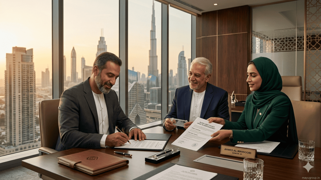 A cinematic real estate scene showing Islamic asset finance where a bank leases a property to a customer with a subtle “mayugroup.in” watermark in the bottom-right corner.