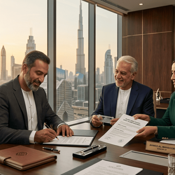 A cinematic real estate scene showing Islamic asset finance where a bank leases a property to a customer with a subtle “mayugroup.in” watermark in the bottom-right corner.