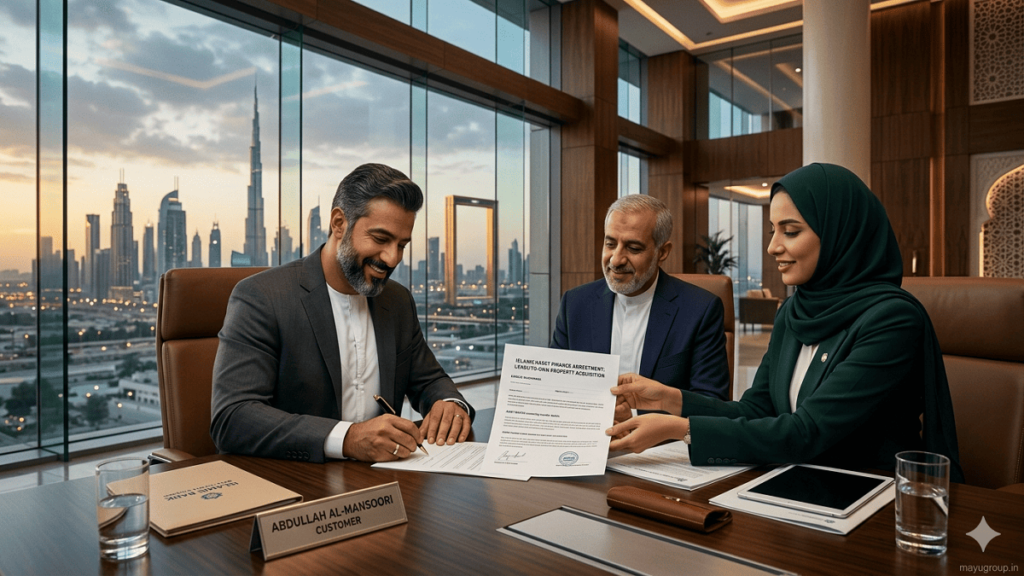 A futuristic global visual of Ijarah financing showing connected assets like real estate, aircraft, and machinery with a “mayugroup.in” watermark in the bottom-left corner.