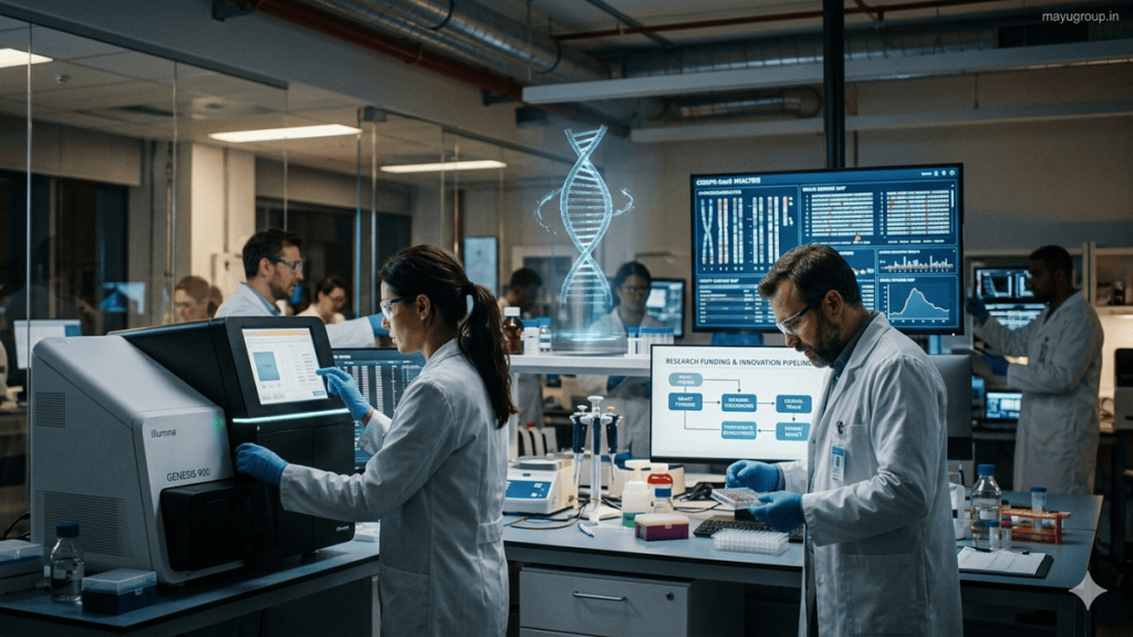 Scientists working in a high-tech biotechnology laboratory with DNA sequencing machines, holographic DNA structures, and digital genome displays representing genetic research funding and innovation.
