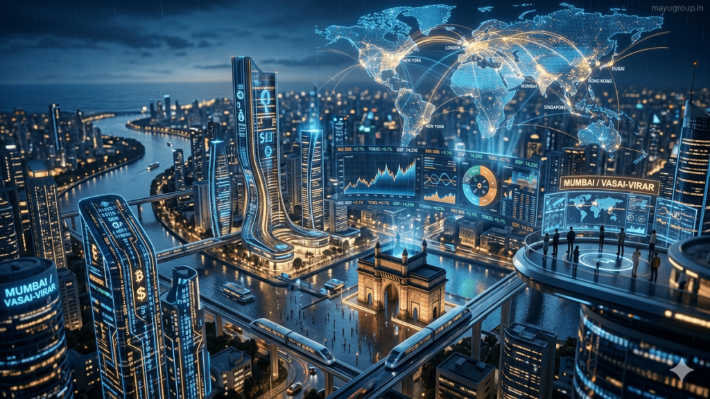 Future Investment Trends. Futuristic global city skyline at night with digital data streams, holographic stock charts, and interconnected world finance network visualization.