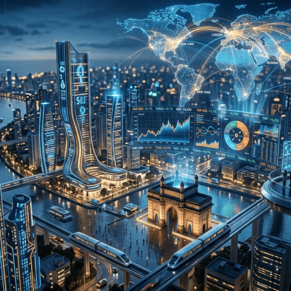 Future Investment Trends. Futuristic global city skyline at night with digital data streams, holographic stock charts, and interconnected world finance network visualization.