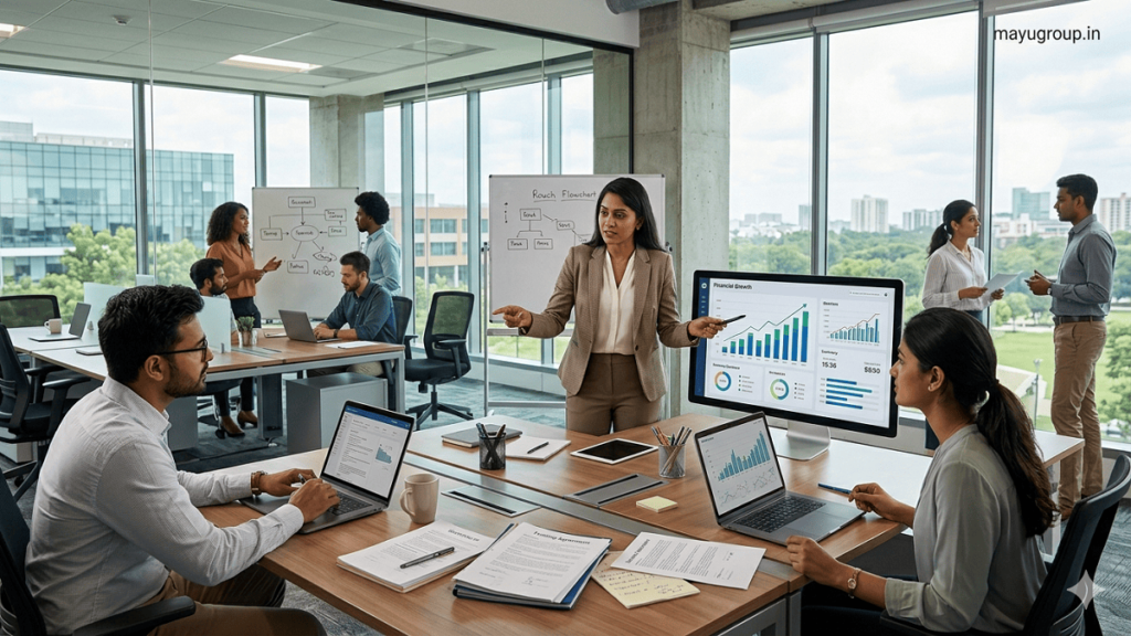 Confident woman entrepreneur managing a modern business with employees, technology, and financial resources representing women entrepreneur funding and business success.