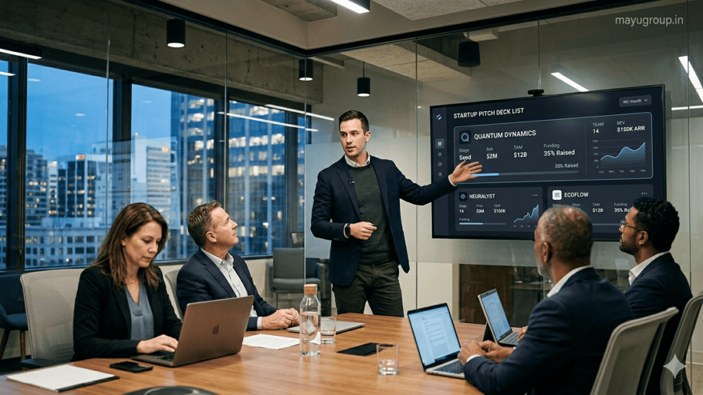 Pitch Deck Listings. Startup founder presenting a digital pitch deck on a large screen in a modern boardroom with investors reviewing data on laptops.