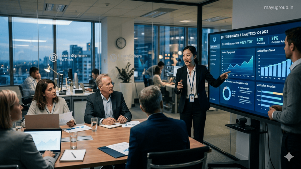 EdTech Investment. Startup team presenting an EdTech platform to investors with digital learning dashboards, growth charts, and a professional office meeting setting.