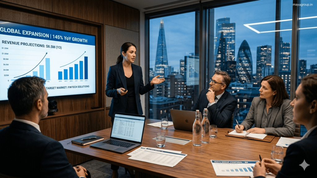 Professional investors and startup entrepreneurs networking during a corporate business meeting, discussing investment opportunities in a modern conference environment.
