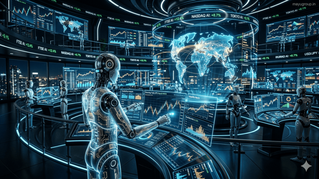 AI Agent Investment. Futuristic financial trading floor powered by AI agents with holographic dashboards, global market data visualizations, and autonomous digital systems executing trades.