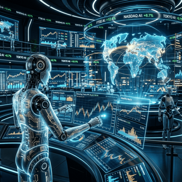 AI Agent Investment. Futuristic financial trading floor powered by AI agents with holographic dashboards, global market data visualizations, and autonomous digital systems executing trades.