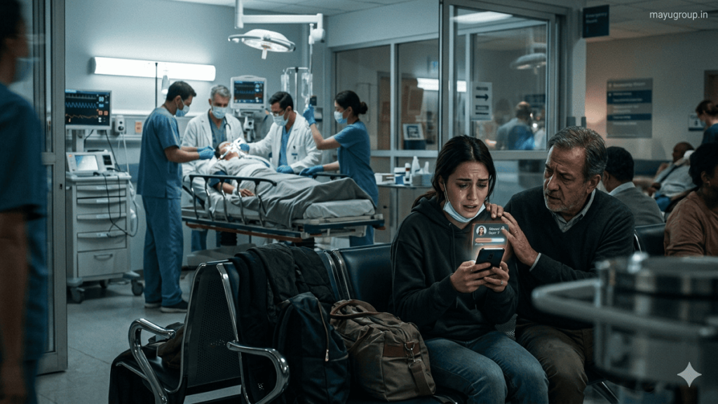 A worried family using a smartphone to donate through healthcare crowdfunding while doctors treat a patient in a modern emergency hospital setting.