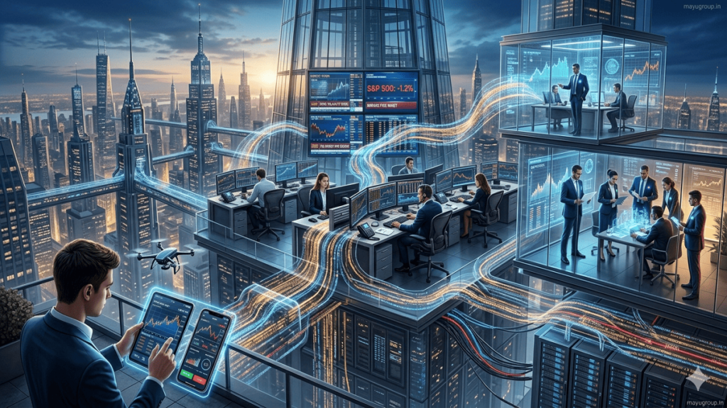 A futuristic financial ecosystem showing active investors, digital trading systems, and global market data flows representing real-time investment decisions.