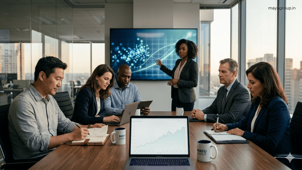 A modern startup pitch meeting showing founders presenting to angel investors, venture capitalists, and institutional investors in a professional office setting.