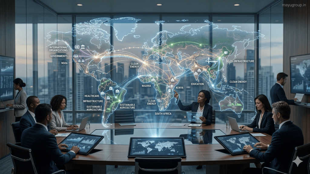 A futuristic world map hologram in a conference room showing international grants funding global development projects across multiple regions.