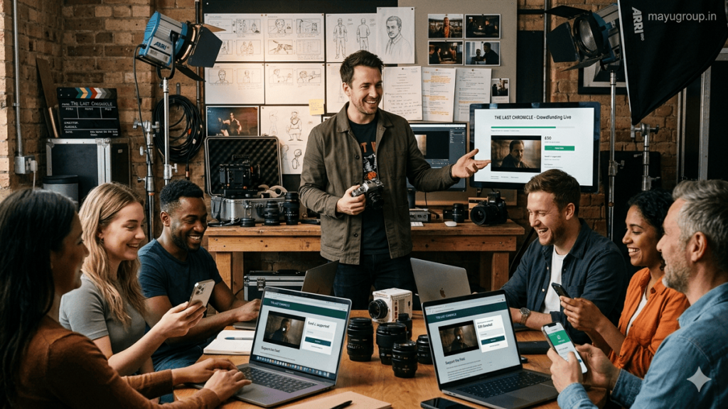 Independent filmmaker presenting a crowdfunding campaign while supporters contribute online to help fund a movie production.