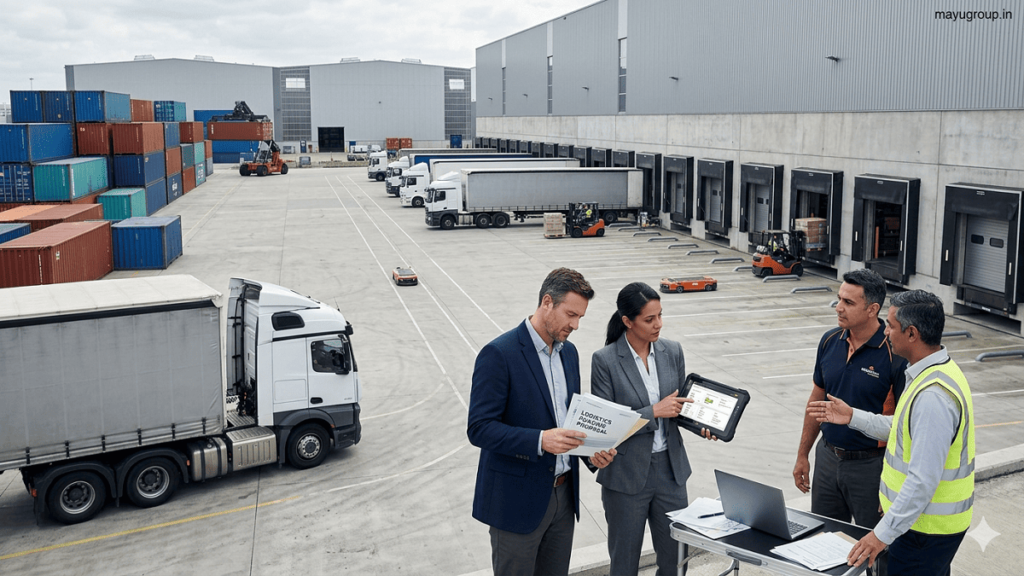 Business professionals discussing logistics funding at a modern warehouse with cargo trucks, shipping containers, and supply chain infrastructure.