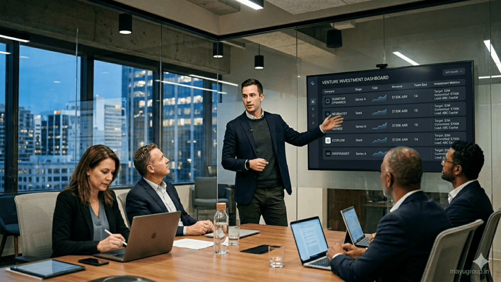Startup founder presenting a digital pitch deck listing on a large screen while investors analyze data in a modern boardroom.