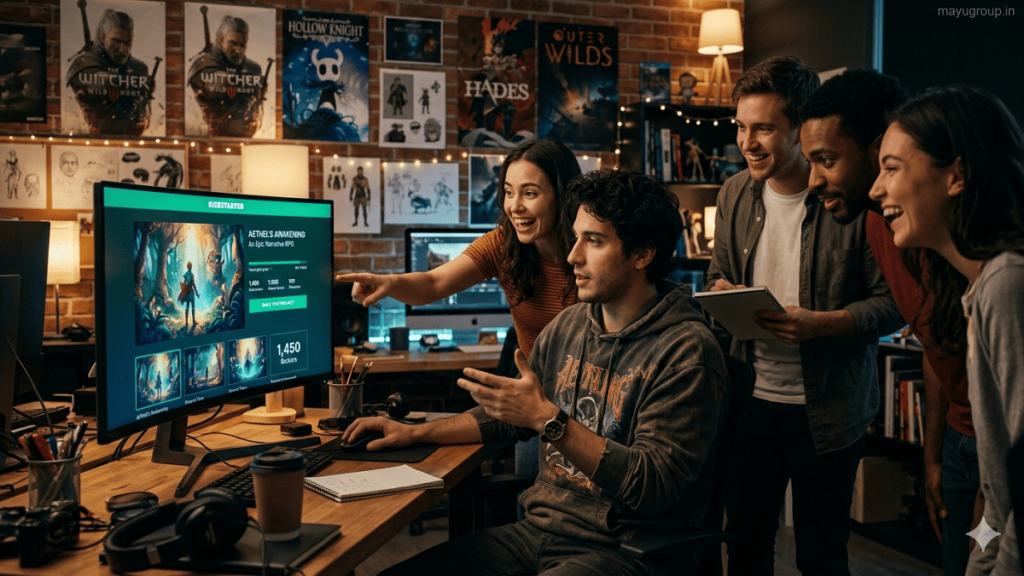 Gaming Crowdfunding. Indie game developer presenting a crowdfunding project on a glowing monitor while a small group of collaborators reacts in a modern creative workspace with concept art in the background.