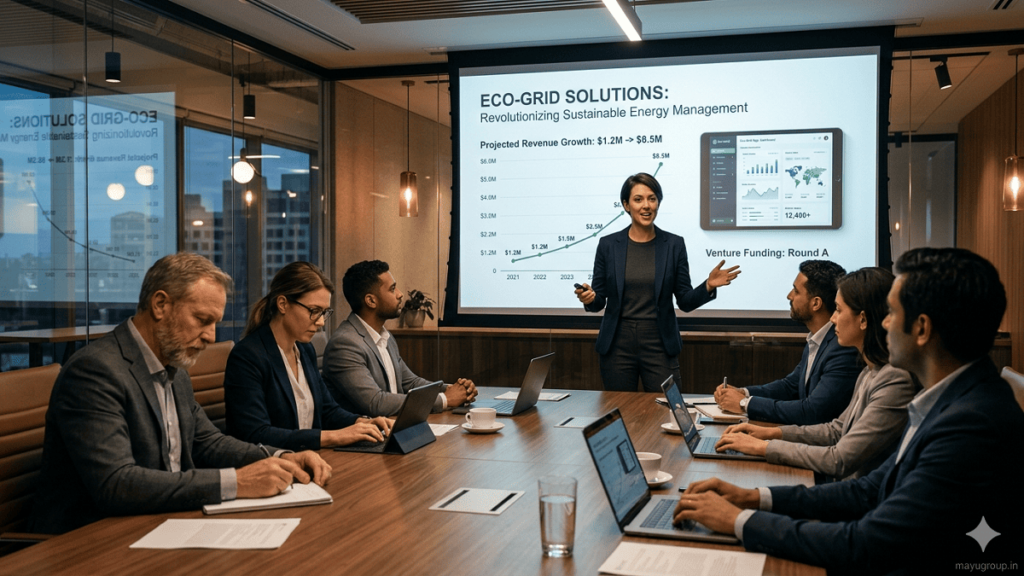 Funding Communities. Startup founder presenting business pitch to investors in a modern conference room with presentation screen, laptops, and “mayugroup.in” watermark in the bottom-right corner.