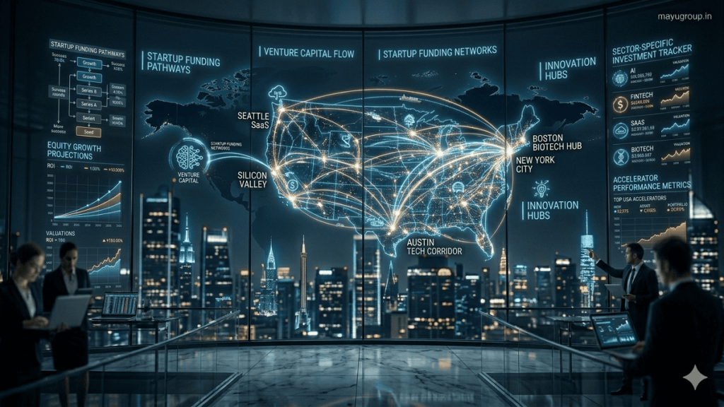 Cinematic night view of a futuristic USA skyline with glowing digital networks representing startup investment flows and venture capital connections.