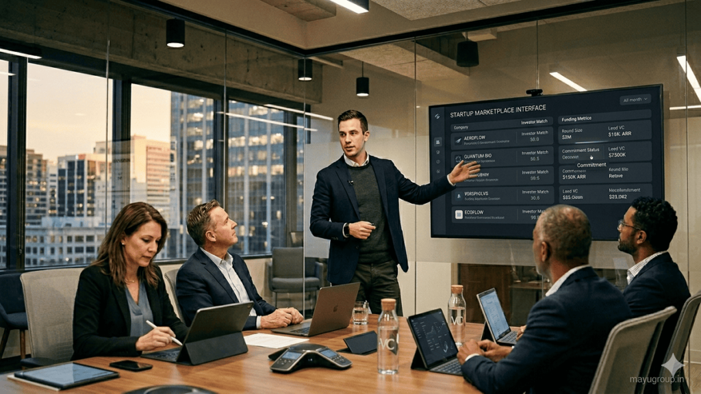 Startup founder presenting a digital startup marketplace interface on a large screen while investors analyze data in a modern luxury boardroom.