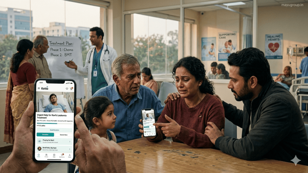 A family in a hospital reviewing a social crowdfunding campaign on a smartphone while a doctor discusses treatment in the background.
