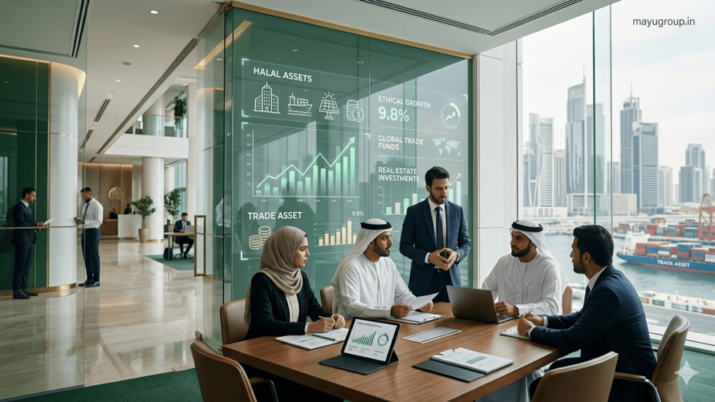 A realistic corporate scene representing halal investment with modern finance visuals, ethical banking elements, and professional lighting, featuring “mayugroup.in” in the top-right corner.