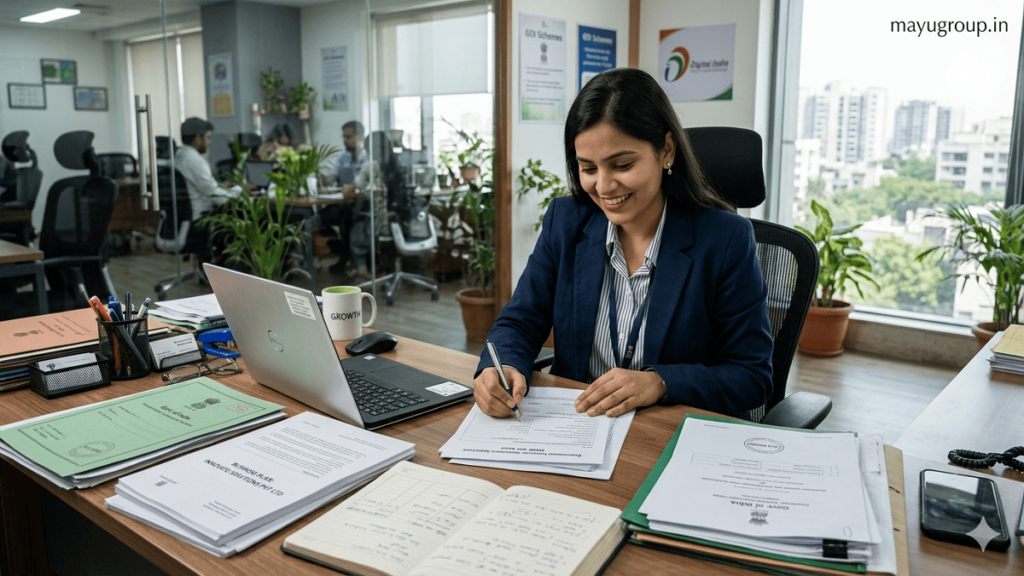 Government Grants. Entrepreneur reviewing government grant documents in a modern office while planning business expansion with financial assistance.