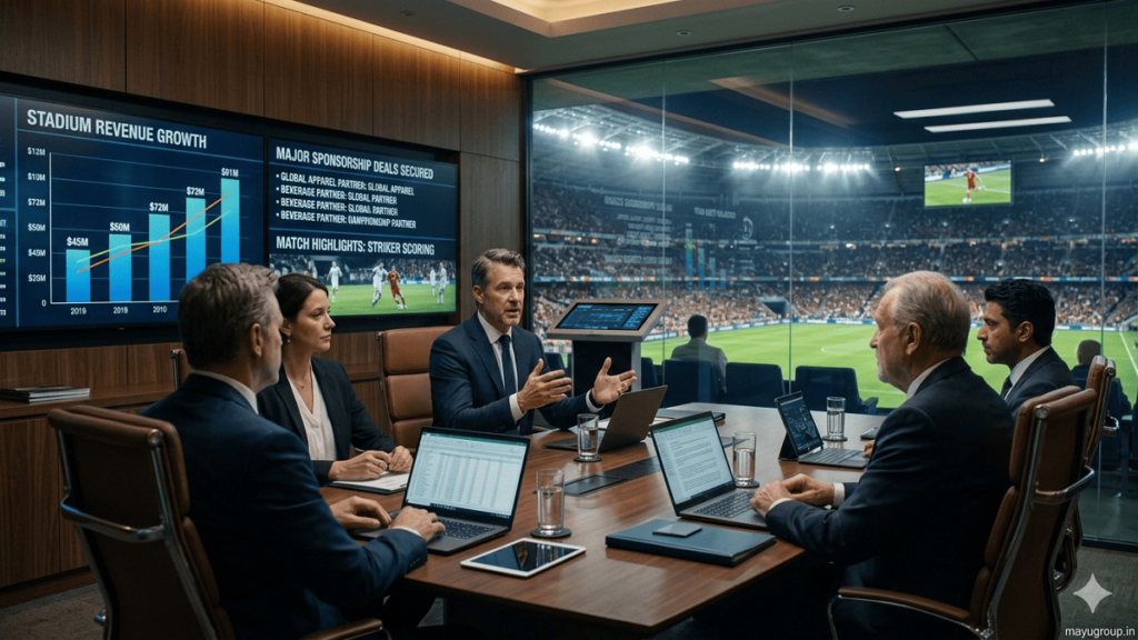 Business executives and investors discussing a high-value sports investment deal inside a luxury boardroom overlooking a glowing stadium at night.