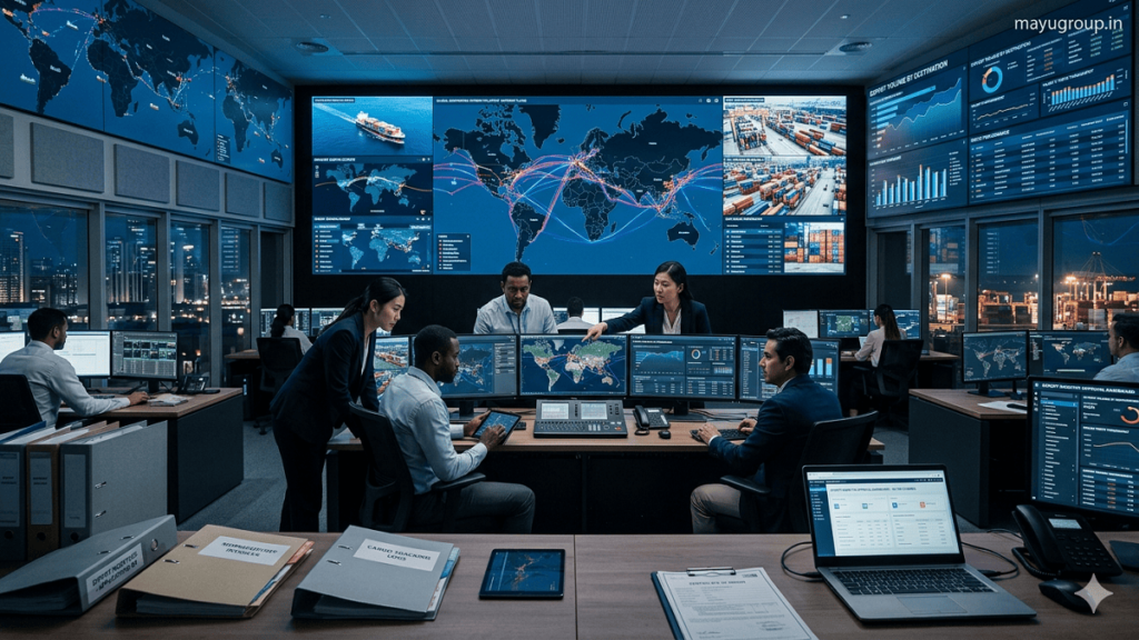 Professionals monitoring global export shipments and trade data on digital screens in a modern logistics control room.