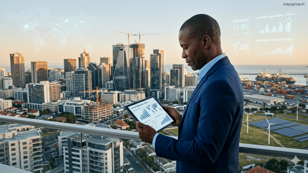 Africa Investment. Realistic business scene showcasing investment opportunities in Africa with modern infrastructure, technology, renewable energy, and international financial collaboration.