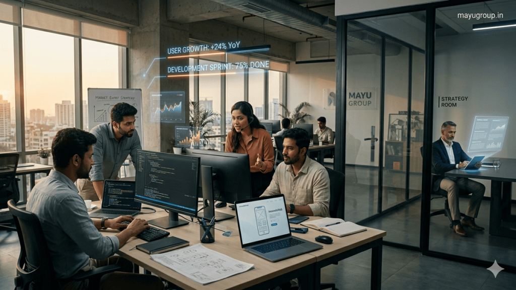 Silent Investors. A startup office scene showing founders actively working while a silent investor observes financial reports quietly in a glass meeting room.