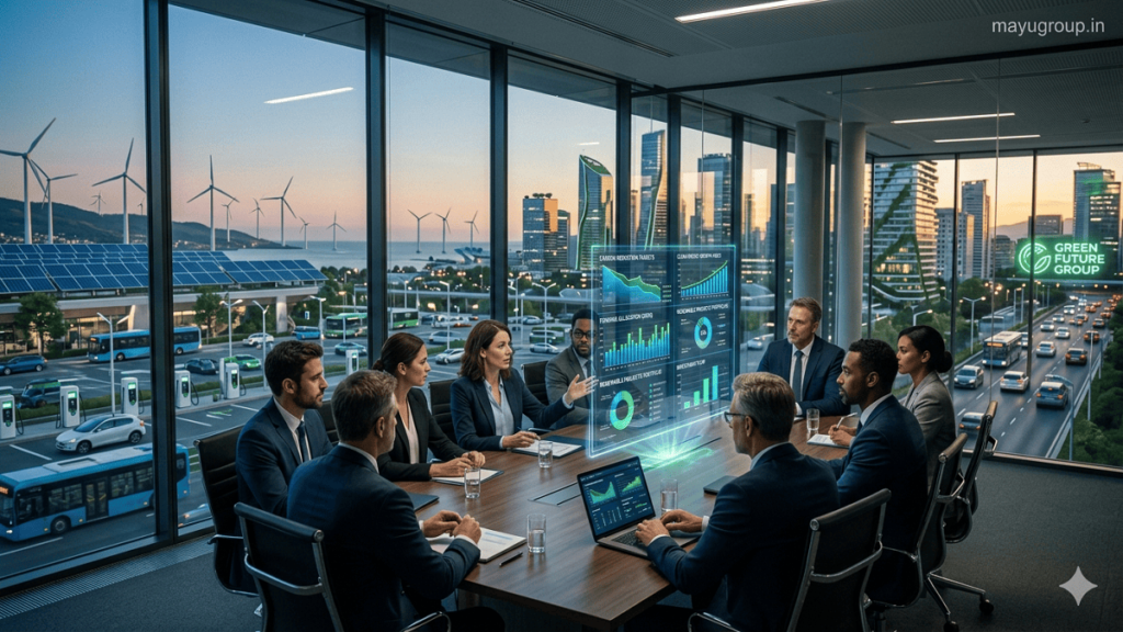 Investors in a modern boardroom analyzing climate tech funding data with a futuristic city powered by renewable energy visible outside.