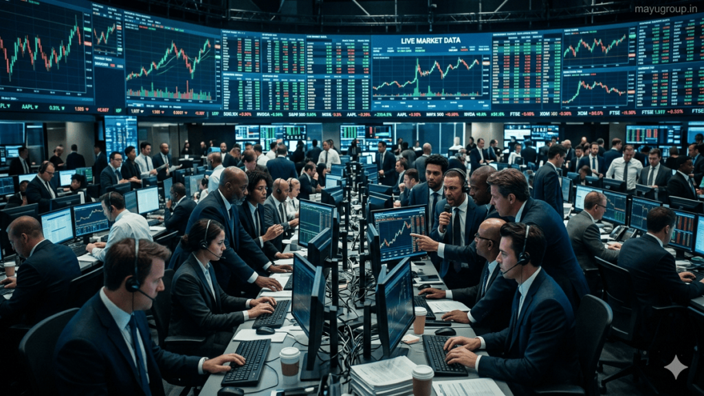 A cinematic stock exchange trading floor showing live trading screens, investors, and real-time financial activity representing secondary market trading.