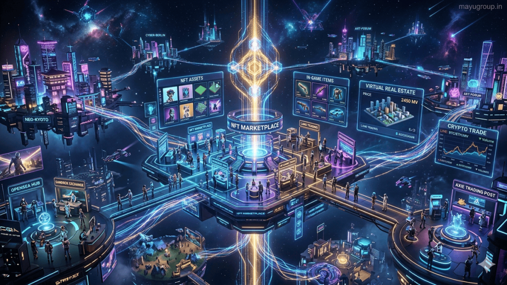 Virtual Economy Funding. Cinematic futuristic metaverse city with avatars trading NFTs and virtual assets, connected by glowing blockchain networks, with “mayugroup.in” watermark in the top-right corner.