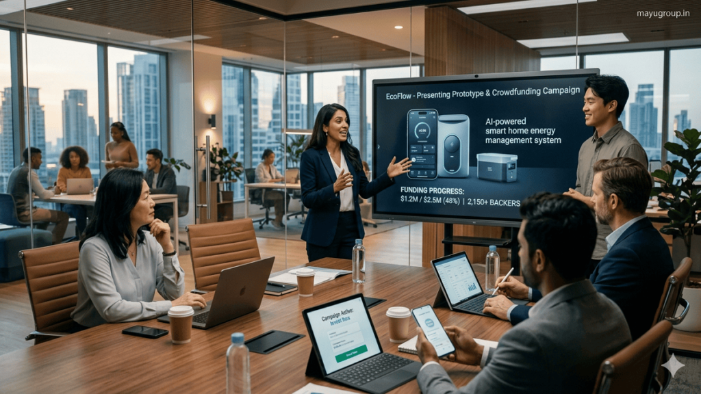 Startup team pitching a business idea to investors in a modern office with digital screens showing funding progress and product prototype.