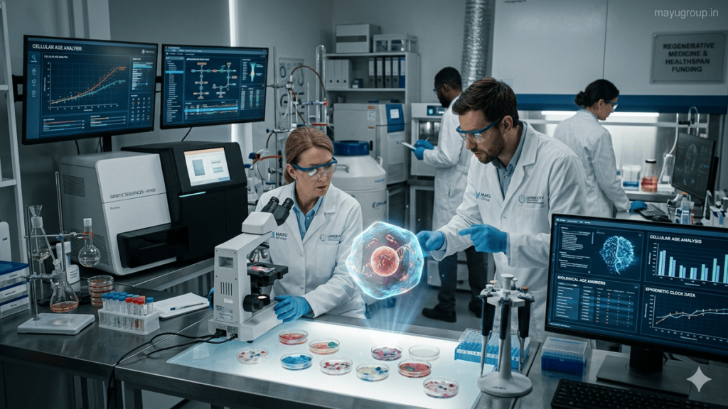 Scientists working in a futuristic biotechnology lab using DNA sequencing, stem cell analysis, and AI systems to study aging and longevity research.