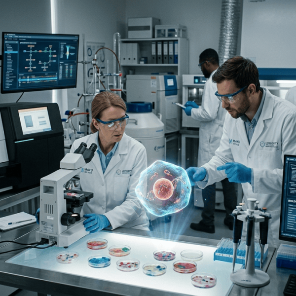 Scientists working in a futuristic biotechnology lab using DNA sequencing, stem cell analysis, and AI systems to study aging and longevity research.