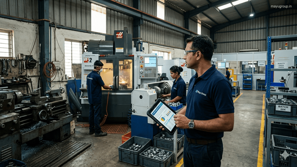 A small manufacturing workshop upgraded with modern machinery where workers operate equipment and a business owner reviews documents on a tablet.