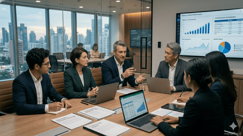 Domestic investors meeting with local entrepreneurs in an office, reviewing business documents and growth reports on laptops.