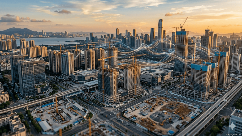 A futuristic city under development with cranes, high-rise buildings, and glowing financial flow lines connecting real estate projects, with a “mayugroup.in” watermark at the bottom-right corner.